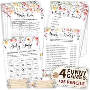 Woodamore Funny Baby Shower Games For Girl - Floral Baby Shower Bingo Cards For 25 Guests, Word Scramble Trivia Mommy Or Daddy Game, Wildflower Baby Shower Decorations Ideas