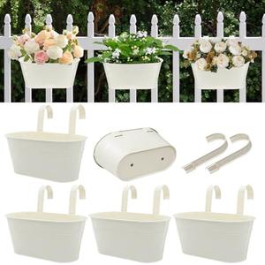 Metal Railing Planters for Outdoor Plants - 5 Pcs Balcony Hanging Flower Pots with Detachable Hooks & Drain Holes, Windowsill Oval Hanging Bucket Pots Fence Planters for Garden Home Decor, Cream White