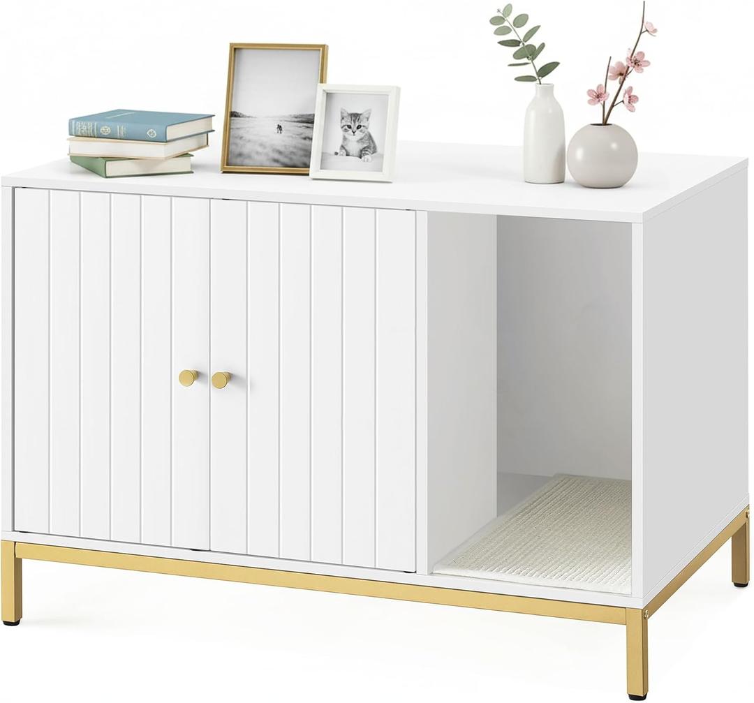 Feandrea Cat Litter Box Enclosure, Hidden Litter Box Furniture with Scratch Pad, Front Entry, Double Cabinet Doors, Modern Style, 31.5" Cat House Washroom Side End Table, White and Gold