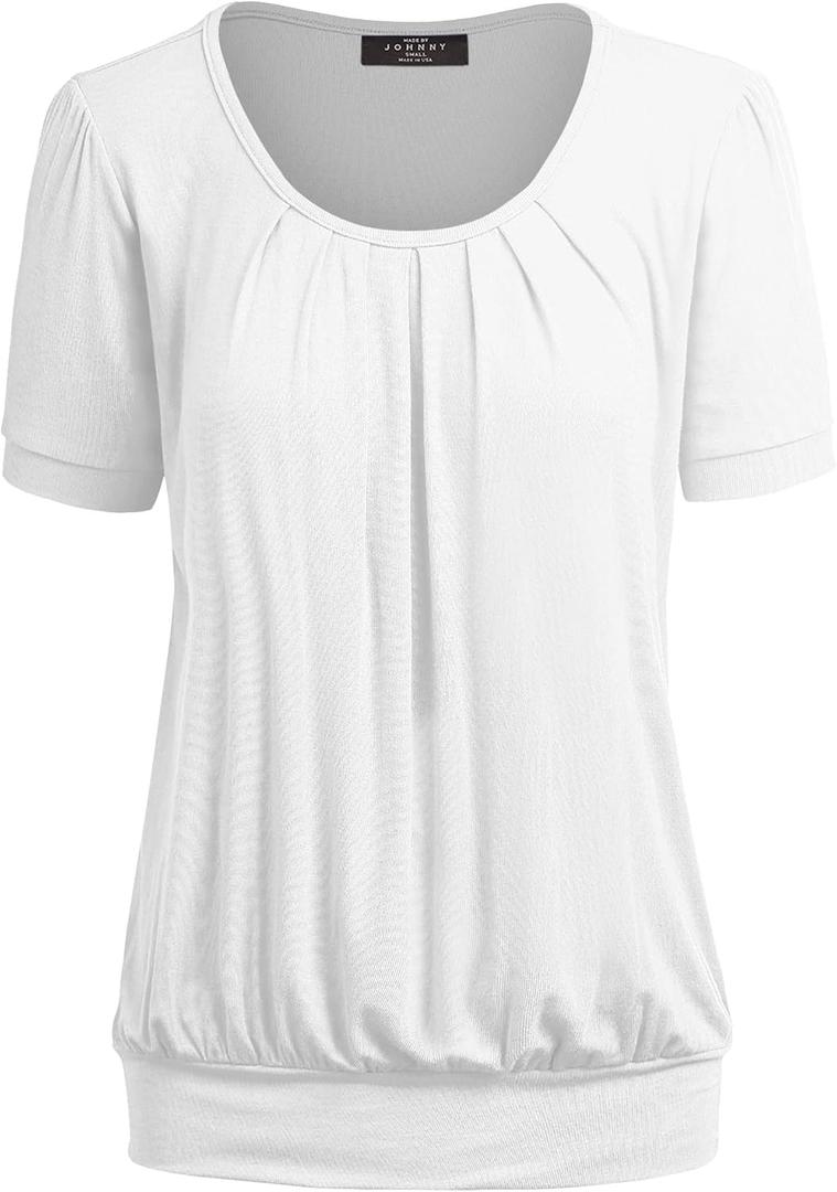Made By Johnny Women's Scoop Neck Short Sleeve Pleated Front Blouse Tunic Top Plus Size (Large, Wt1175_white)