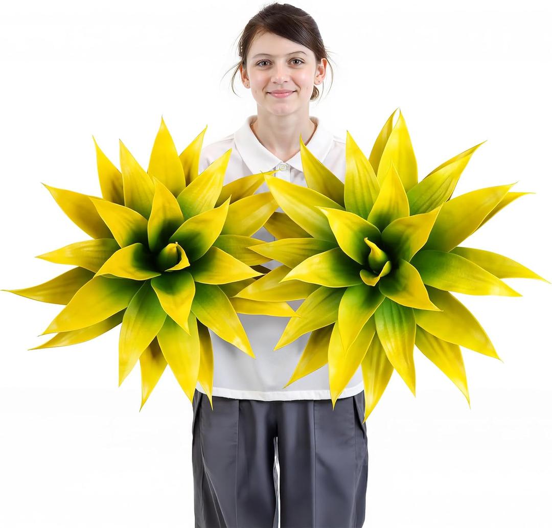 Velener Artificial Agave Plant Set, 28 Inch, Faux Aesthetic Plants for Home Decor, Realistic UV Resistant Fake Yellow Agave Plants Without Pot, Set of 2