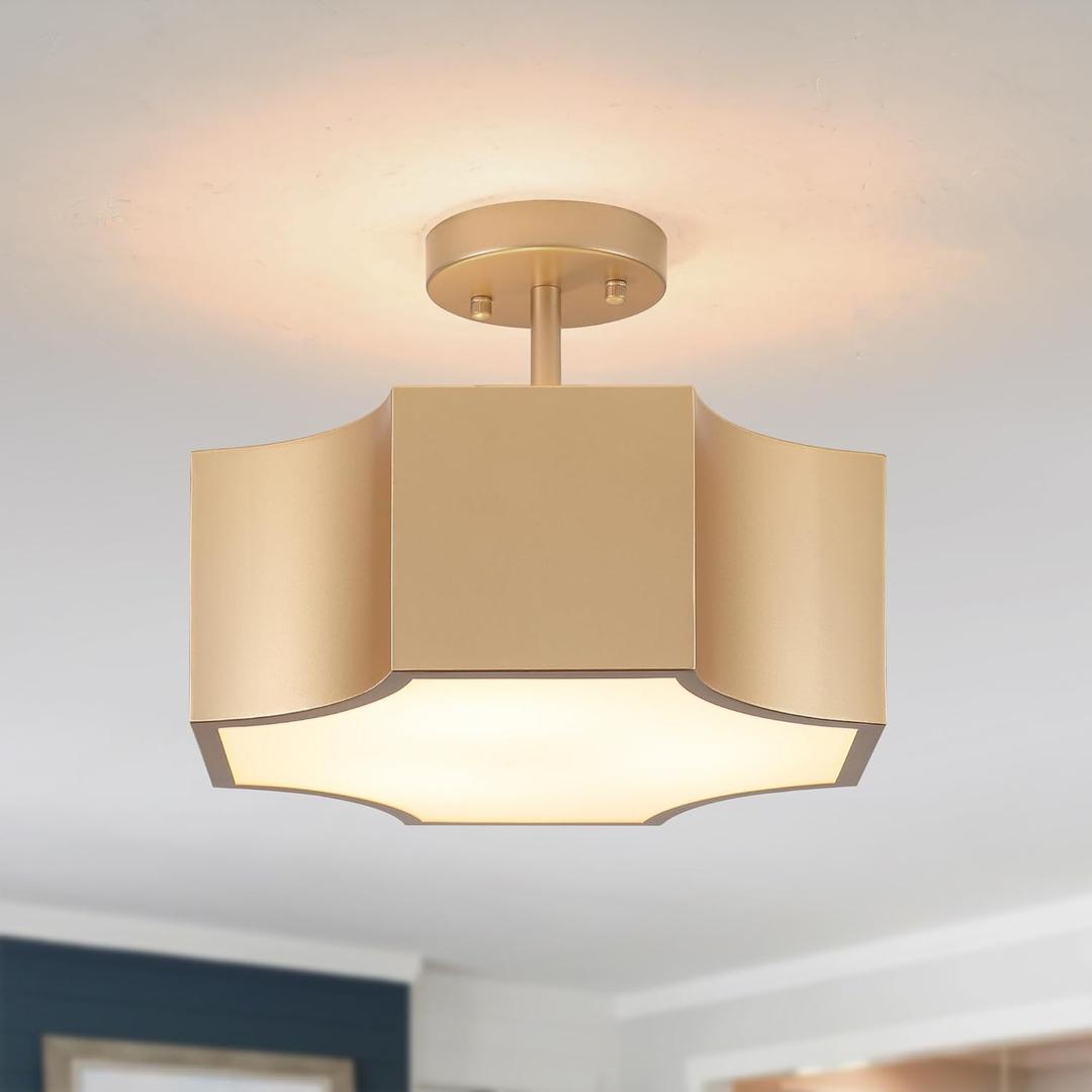 Modern Gold 3-Light Ceiling Light Fixture, Metal Industrial Semi Flush Mount Close to Ceiling Light, Farmhouse Light Fixtures Ceiling Mount, Geometry Chandelier for Kitchen, Dining Room, Hallway