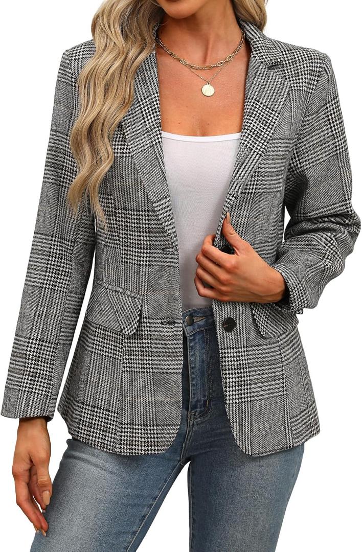 ELLEVEN Women's Lapel Collar Plaid 2 Button Boyfriend Blazer Suit Houndstooth Work Office Blazer Jacket (X-Large)