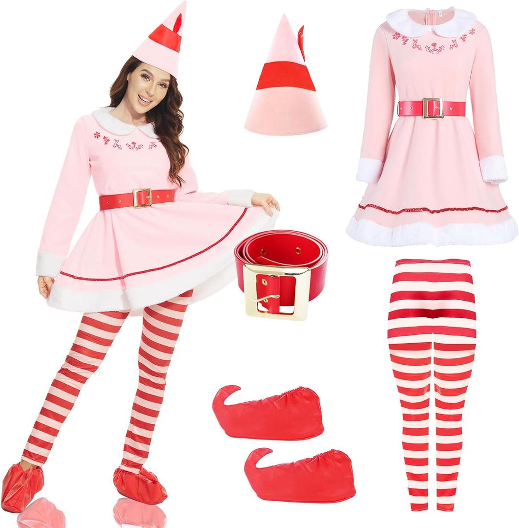 Elves Costume for Women Christmas Elves Outfit with Hat & Accessories,Halloween Christmas Cosplay Costumes for Adults, L