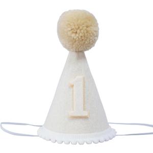 OUR FANDA First Birthday Party Hat, Cream White Felt with Pom Pom, Number 1 Design