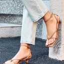 Coutgo Womens Strappy Low Kitten Heels Sandals Open Square Toe Flip Flop Summer Dress Party Shoes (Beige)