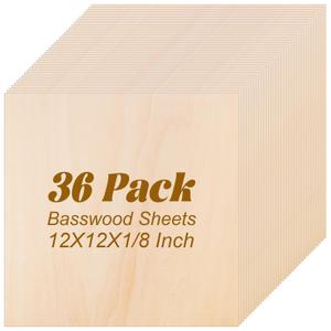 MIVIDE 36 Pack Basswood Sheets 1/8 inch, 12"x12"x1/8" Craft Plywood Sheets, 3mm Basswood for Laser Cutting, Plywood Board Unfinished Wood for Crafts DIY Ornaments and Models Engraving Drawing