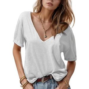 WIFFGO Womens Summer T Shirts Tops 2025 V-Neck Short Sleeve Tees Tops Lightweight Casual Blouse Loose Fashion Top A-White L