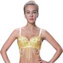 Seawhisper Tribal Glitter Sparkle Rhinestone Belly Dance Beaded Sequined Bra Top for Rave Cabaret Party ((32-34) B, Gold)