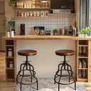 LOKKHAN Vintage Industrial Barstools - 13.8" Dia Round Wooden Brown Seat - Black Metal Base - Adjustable Height: 23.6"-29.5" / Minimalist Design/Raw Rustic Look/Rotating Top Bar Chairs, Set of 2, 13.78" Dia X 1.18" Thick, Height: 23.62"-29.52"