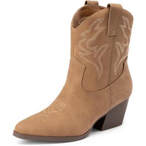 DREAM PAIRS Women's Cowboy Cowgirl Boots Embroidered Stitched Short Western Boots Low Chunky Heel Pointed Toe Ankle Booties (8, Tan)