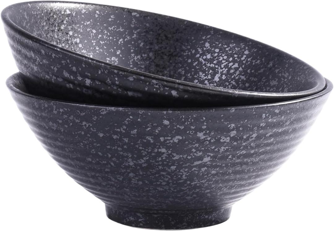 Japanese Ceramic Noodle Bowls Set of 2 – 8.2 Inch Black Ramen Pho Bowls, Microwave & Dishwasher Safe, Matte Finish Zen Design, Modern Tableware for Home Dining & Gifts