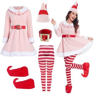 Elves Costume for Women Christmas Elves Outfit with Hat & Accessories,Halloween Christmas Cosplay Costumes for Adults (Large, Pink)