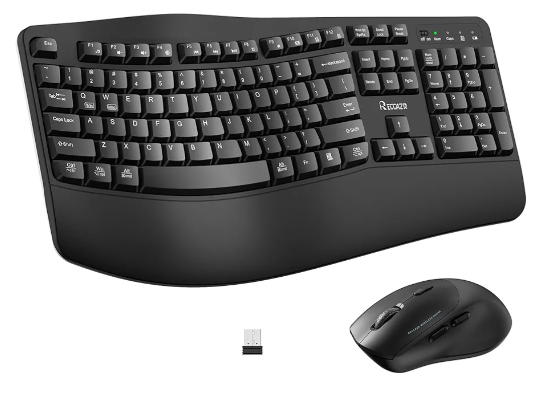 Wireless Keyboard and Mouse Combo,2.4G Full Size Wave Keys Ergonomic Keyboard with Wrist Rest for Natural Typing, 3 DPI Adjustable Ergonomic Silent Mouse for Computer/Laptop/Windows/Mac (Black)