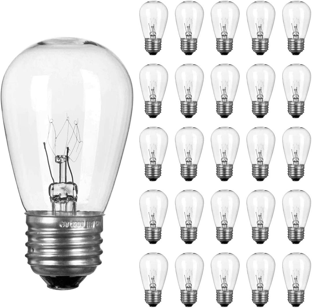 Moonflor 26 Pack S14 Incandescent Light Bulbs - 11W 2700K Warm White, Waterproof Glass, Dimmable E26 Edison Bulbs for Outdoor String Lights, Patio Lighting & Replacement Bulbs, UL Listed