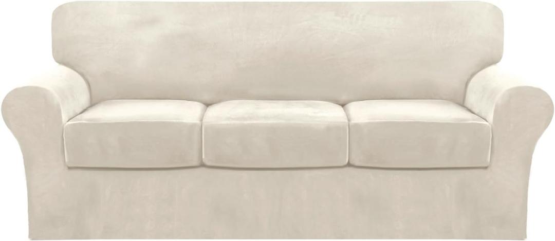 FantasDecor 4 Piece Sofa Velvet Couch Covers for 3 Cushion Stretch Slipcover with Individual Seat Cushion Elastic Furniture Protector for Pets, Machine Washable (Sofa, Ivory)