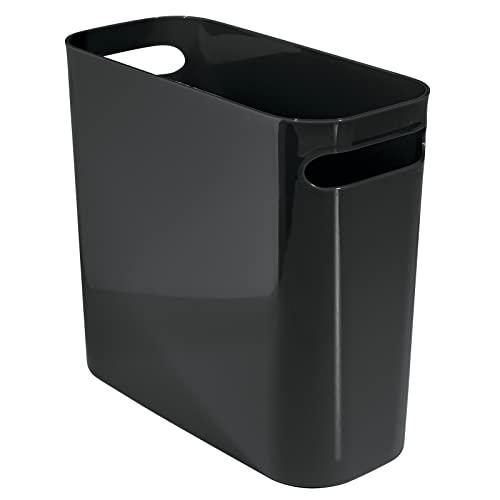 mDesign Plastic Small Trash Can, 1.5 Gallon/5.7-Liter Wastebasket, Narrow Garbage Bin with Handles for Bathroom, Laundry, Home Office - Holds Waste, Recycling, 10" High, Aura Collection, Black