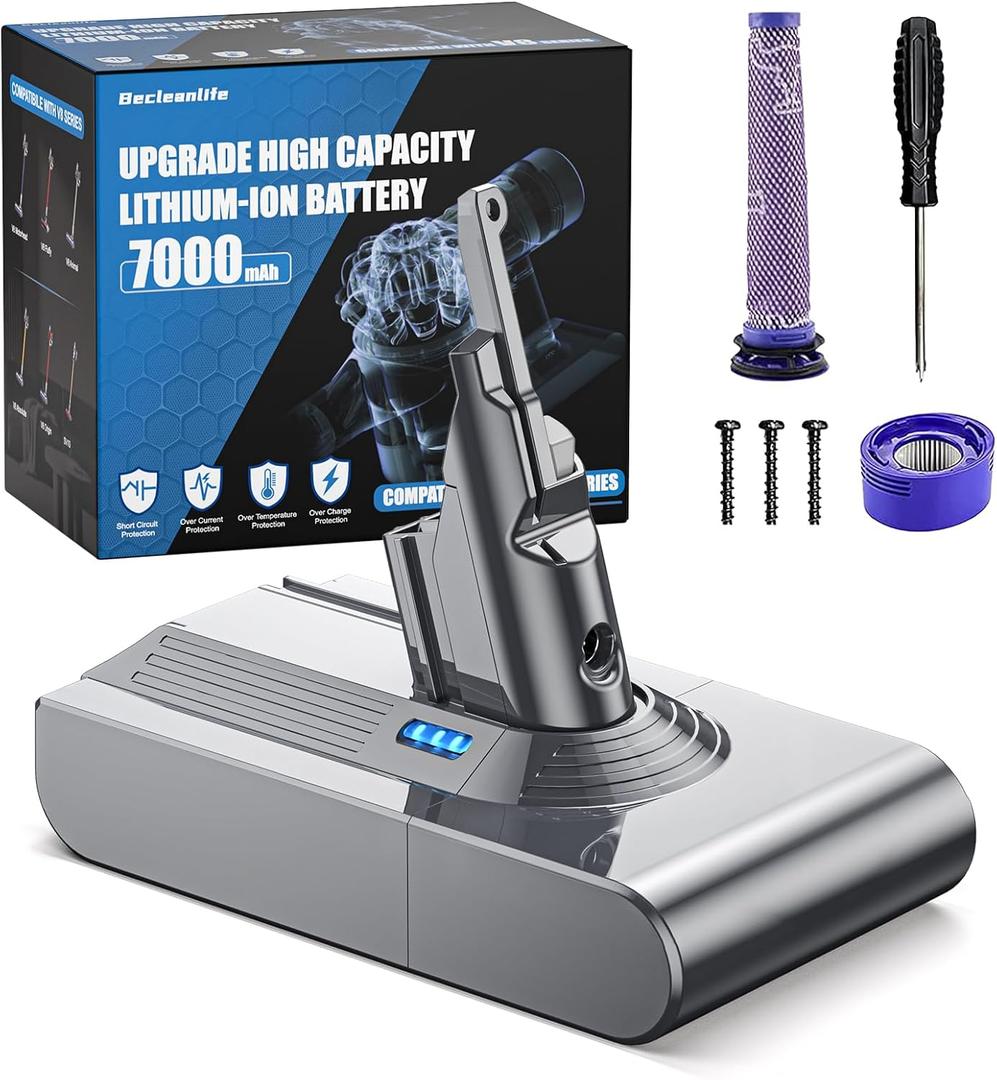 7000mAh V8 Battery Replacement Compatible with Dyson V8 Animal/V8 Absolute/V8 Fluffy/V8 Motorhead/SV10 Carbon Fiber Vacuum Cleaner Battery with 2 Filters and 3 Screws Included