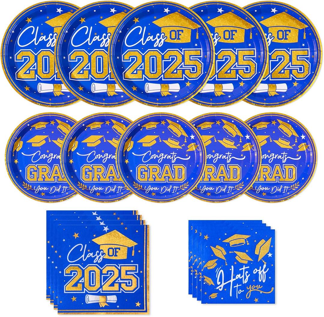 2 x 2025 Graduation Plates and Napkins ,Blue and Gold Class of 2025 Congrats Tableware,Disposable Luncheon Plates & Cocktail Napkins for Graduation Party Decorations,Serve 30