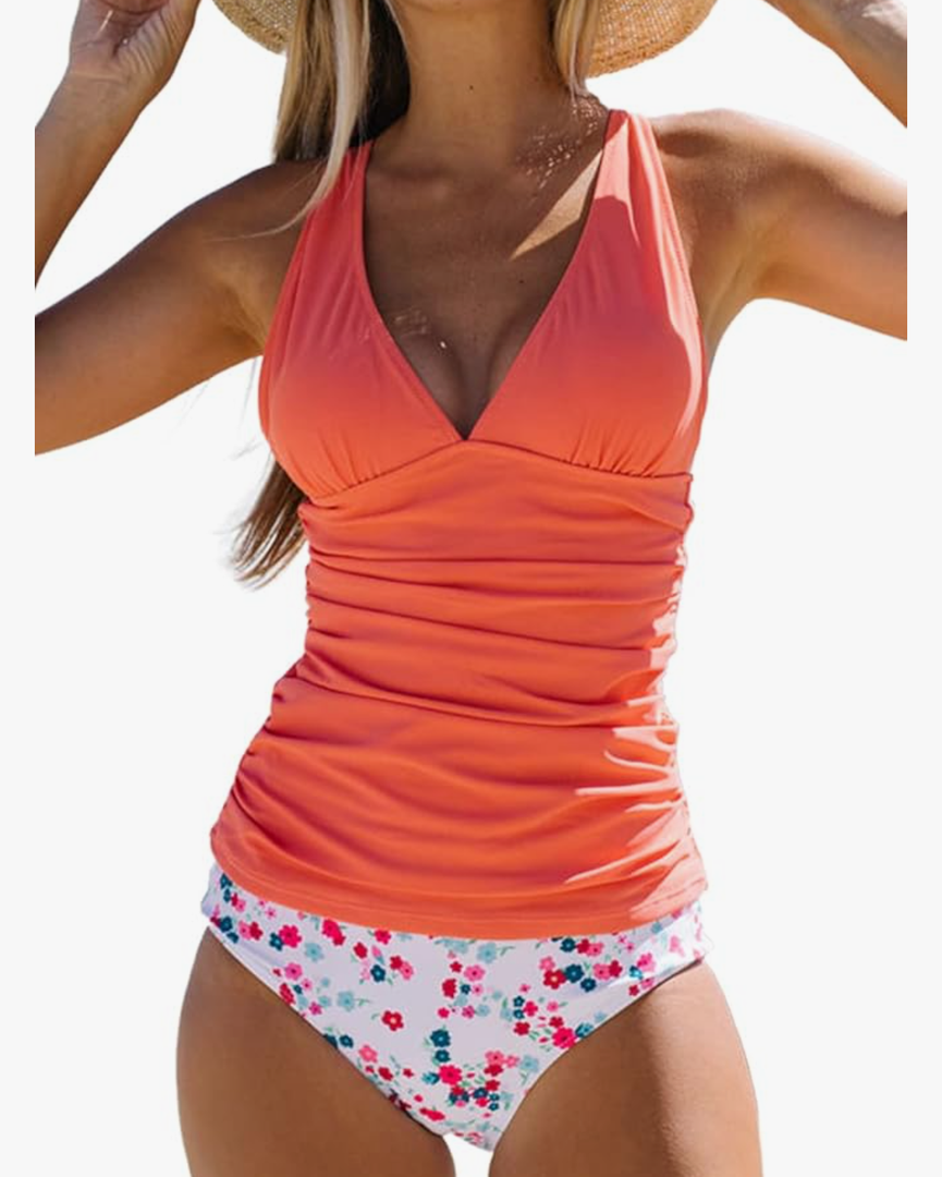Beachsissi Women's Cute Floral Print Swimsuits V Neck Tummy Control Tankini Set L