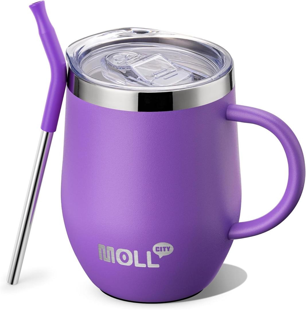 Kids Tumbler with Handle 12 oz Stainless Steel Double Wall Vacuum Insulated Cup with Lids and Straws-Reusable Metal Tumbler for Girls (Purple)