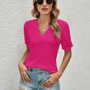 Romanstii Women Casual V-Neck T-Shirts Loose Puff Short Sleeve Tops Tunic Blouses (Pink, XL)