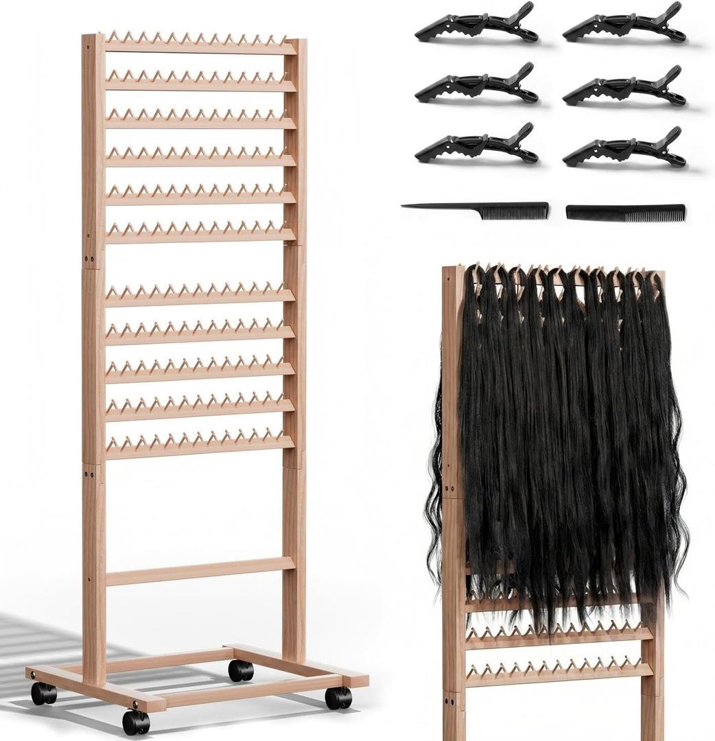 286 Pegs Wood Braiding Hair Rack for Braiders Standing with Wheels & Braid Accessories,2-Sided Hair Separator for Braiding, Extension Holder Hanger for Braiders,Hairstylists