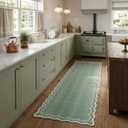 GarveeHome 2.6x10 Scalloped Washable Runner Rug for Kitchen, Soft Green Long Hallway Runner Non Slip Entryway Rug Farmhouse Thin Laundry Mat Stain Resistant Carpet for Bathroom Beside Rug
