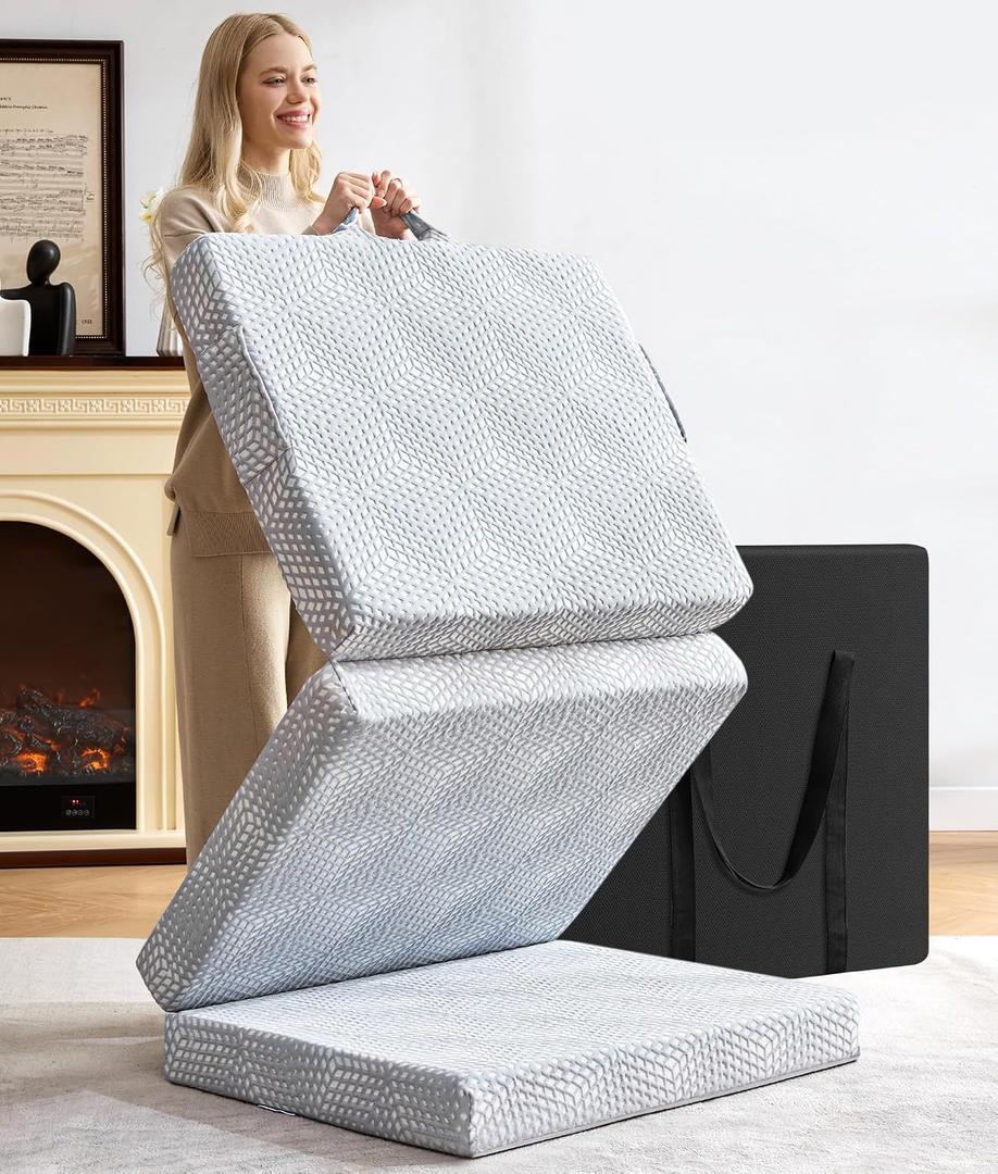 BDEUS Memory Foam Folding Topper 3.95 Inch Small Full Size with Protable Storage Bag, Trifold Topper Soft Guest Mat Floor Mat for Kids Camping Road Trip, Gray, 52 x 73 Inch