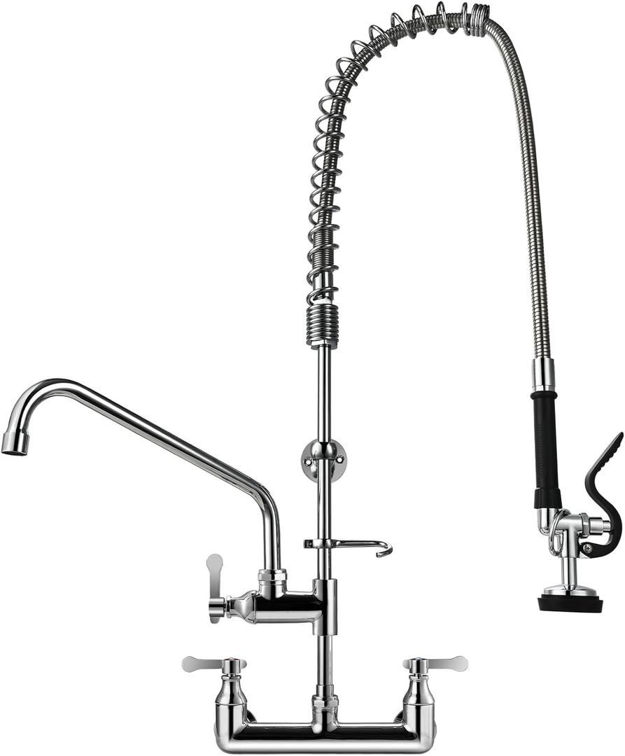 Commercial Sink Faucet with Sprayer 36" Height 8" Adjustable Center, Commercial Wall Mount Kitchen Sink Faucet with Pre-Rinse Sprayer and 12" Swing Spout for Restaurant Industrial
