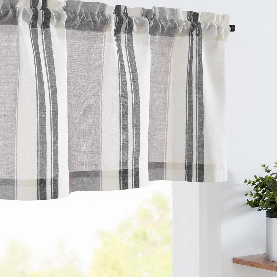 jinchan Striped Valance Farmhouse Window Treatment Linen Textured Drapes for Small Windows Kitchen Living Room RV Vintage Valance 16 Inch Rod Pocket 1 Panel Black and Grey