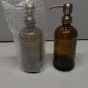 Vine Creations Amber Glass Soap Dispenser, 2 Pack Kitchen Soap Dispenser Set with Stainless Steel Pump, 16 oz Dish Soap and Hand Soap Dispensers for Bathroom with Waterproof Labels and Protective Pads (Amber Bottle / Brushed Brass Pump)