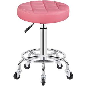 Adjustable Height Chrome Steel Bar Stool Round Cushion 13inch, Salon Rolling Stool Swivel Chair On 5 Wheels, Counter Stools (Color : Pink)