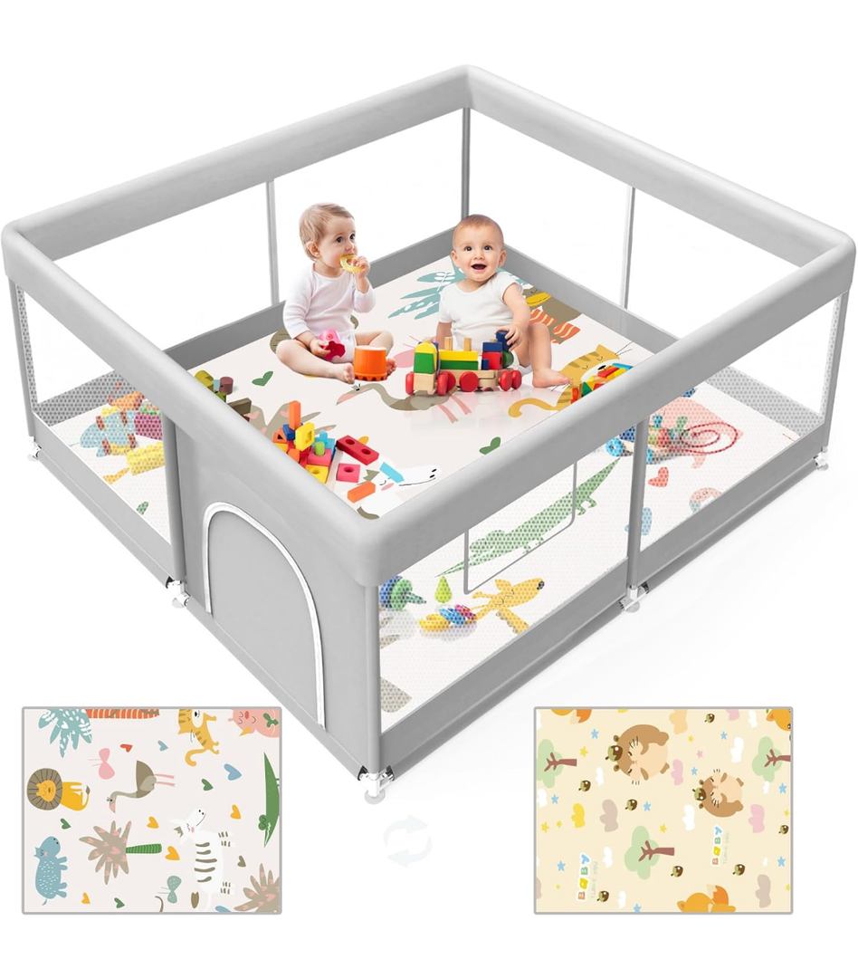 Baby Playpen with Mat, 50x50 Inch Playpen with Mat Waterproof for Babies and Toddlers Play Pen Playards Safety Gate Fence Active Center Indoor
