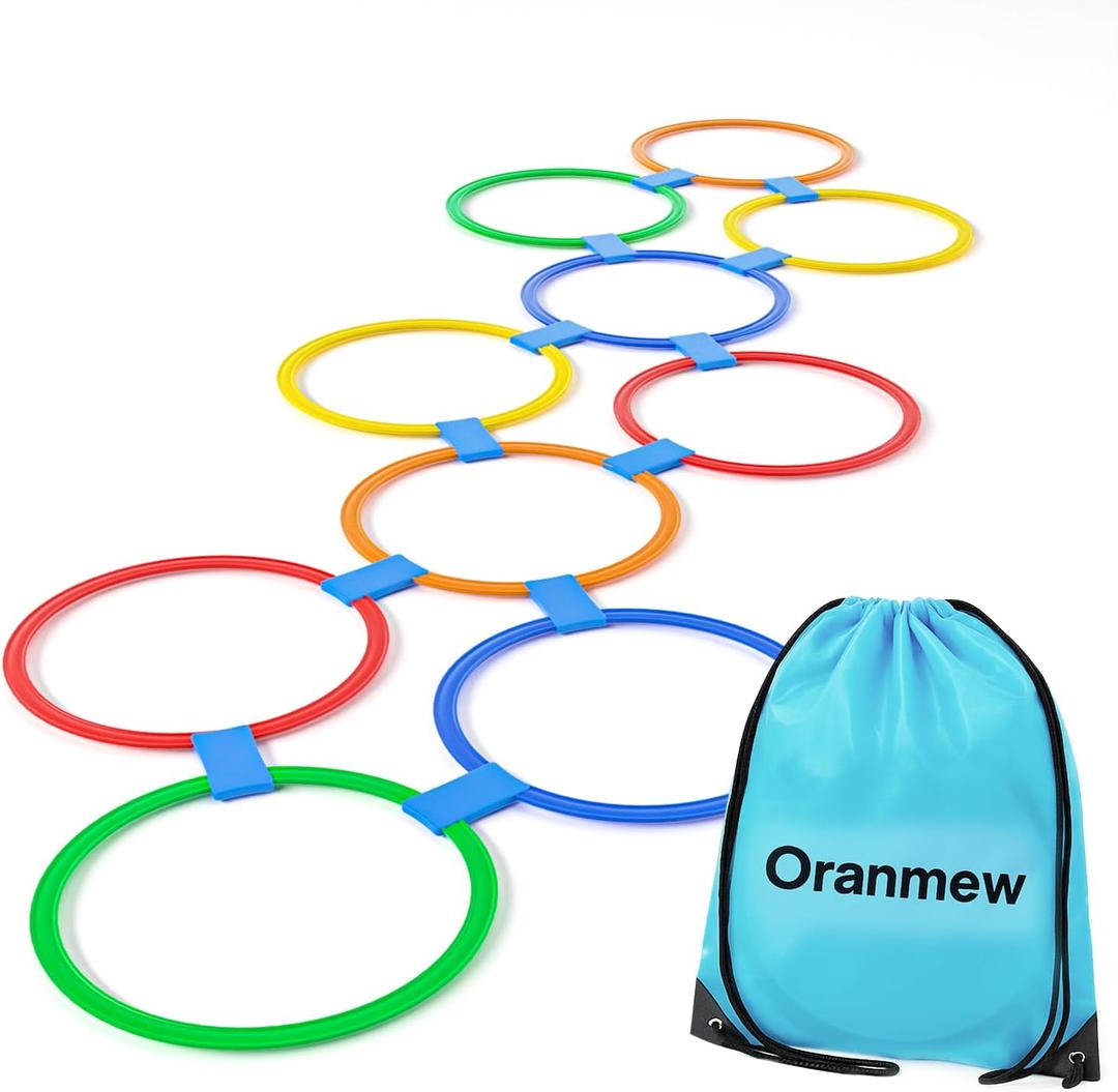 Hopscotch Rings, 1-Set 10 Round Hoops (11-inch) + 15 Connectors, Agility Rings for Kids, Builds Gross Motor Skills, Preschool & Kindergarten PE, Indoor/Outdoor Playground Obstacle Course