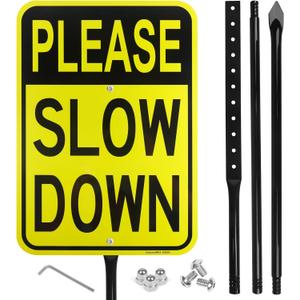 Large Please Slow Down Sign with 54" Metal Stake, 17"x 12" .040 Aluminum Sign - Reflective, UV Protected and Weatherproof