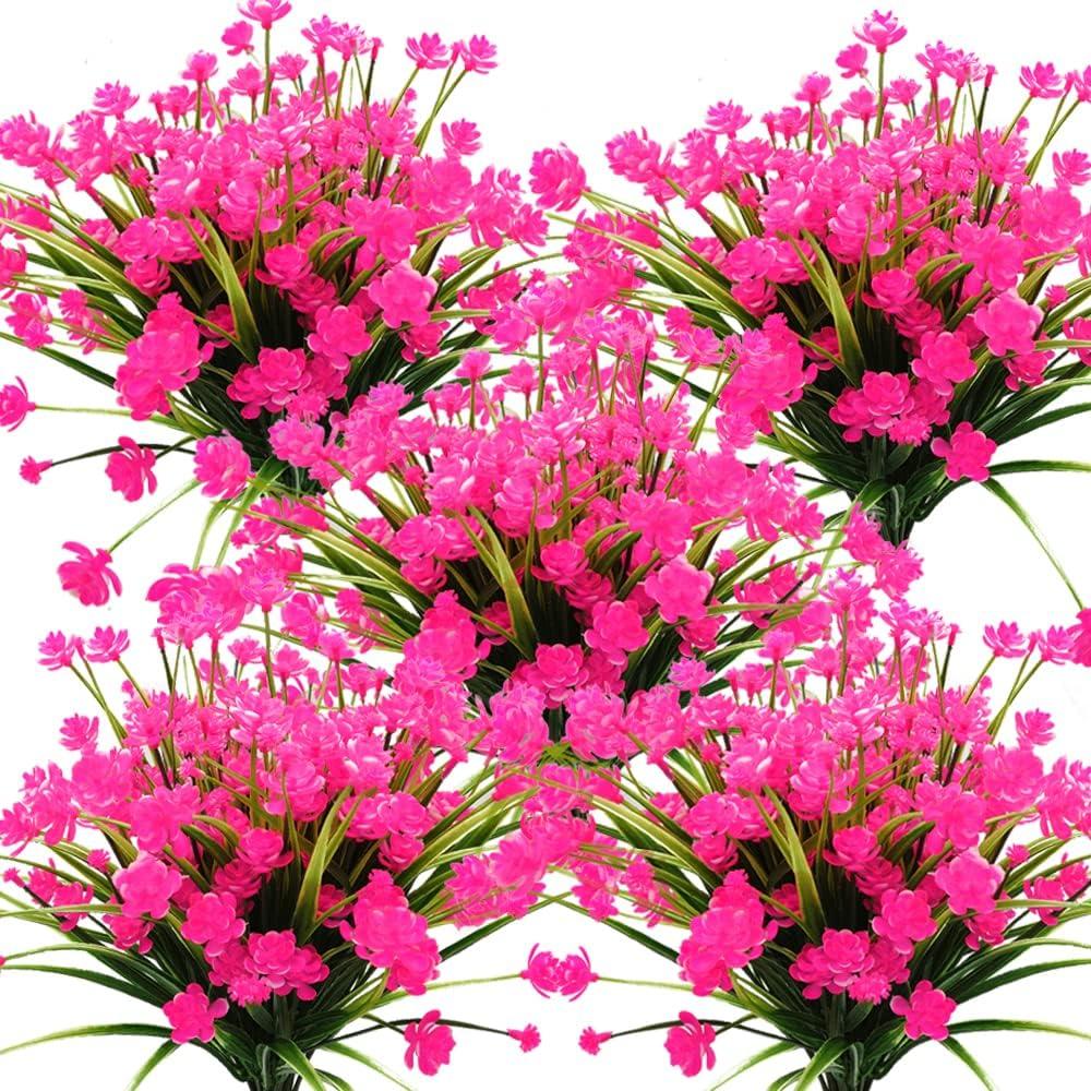Grunyia Artificial Flowers Outdoor UV Resistant Fake Plants Indoor Outside Hanging Planter Home Garden Decor, 10 Bundles (Pink)