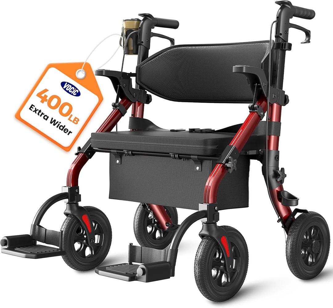 VOCIC Walkers for Seniors Z59, 2 in 1 Walker Wheelchair Combo, 400 LBS Weight Capacity, 10" All Terrain Rollator with Extra Wide Seat & Backrest, Heavy Duty Rollator with Cup Holder