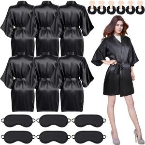 Xtinmee 18 Bridesmaids Robes for Women Silk Satin Short Black Robe Set Bridal Party Spa Wedding Sleepwear Scrunchies Patch (Medium)