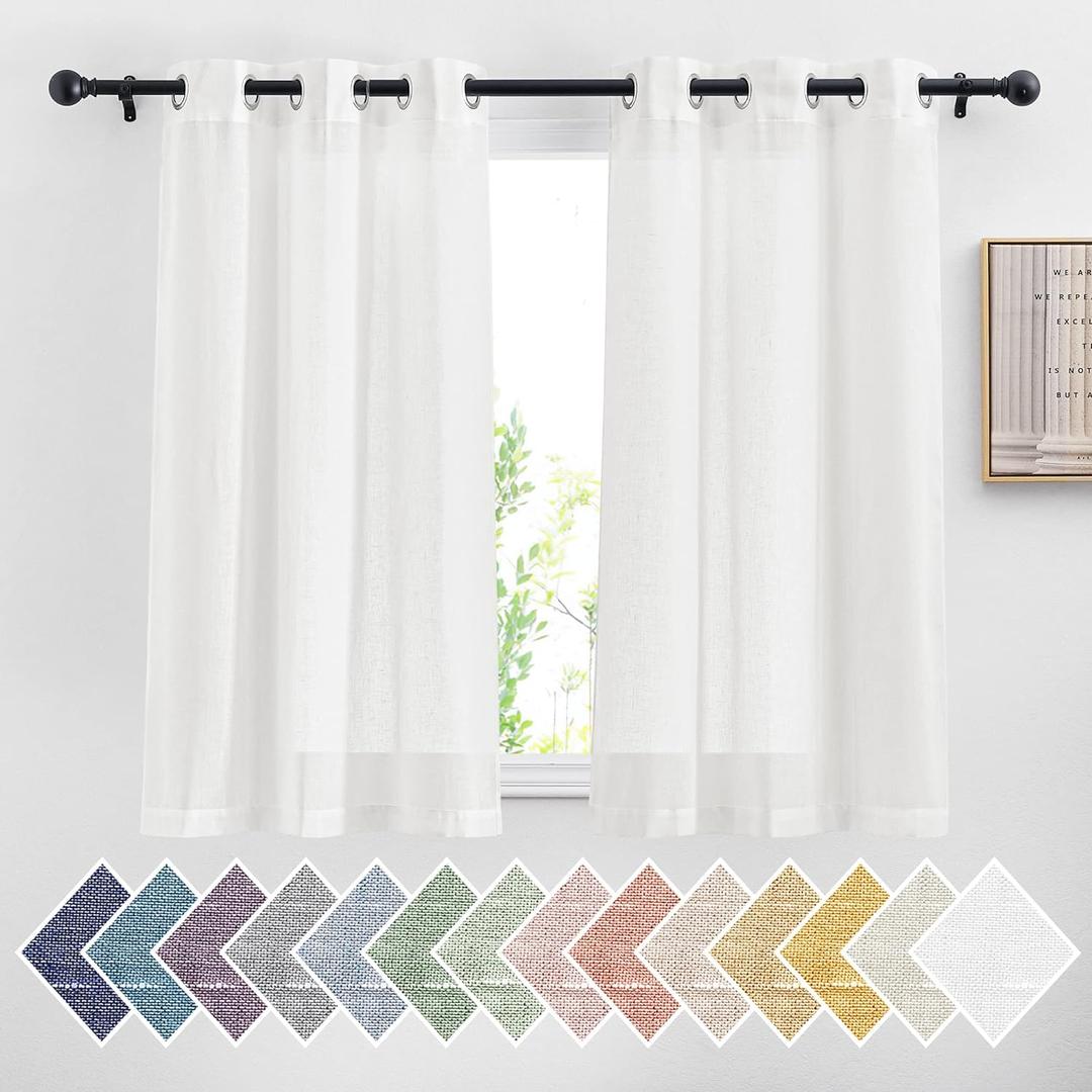 NICETOWN Linen Sheer Short Curtains 48 inch Length 2 Panels for Kitchen, Grommet Semi Sheer Small Curtains & Drapes Privacy with Light Filtering for Nursery, White, W36 x L48, 2 Pieces
