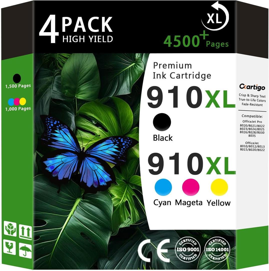 910XL High Yield Ink Cartridges Combo Pack (Black/Cyan/Magenta/Yellow 4-Pack) Compatible for HP 910XL HP910 HP910XL Replacement for Office Jet Pro 8020 8025 8028 8010 OfficeJet 8015 8022 Printers