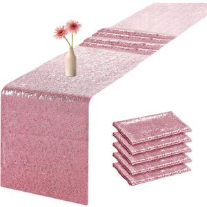 Sequin Table Runners 72 Inches Long Pink Glitter Table Runner for Party, Wedding, Bridal Baby 6 Pcs, Pink