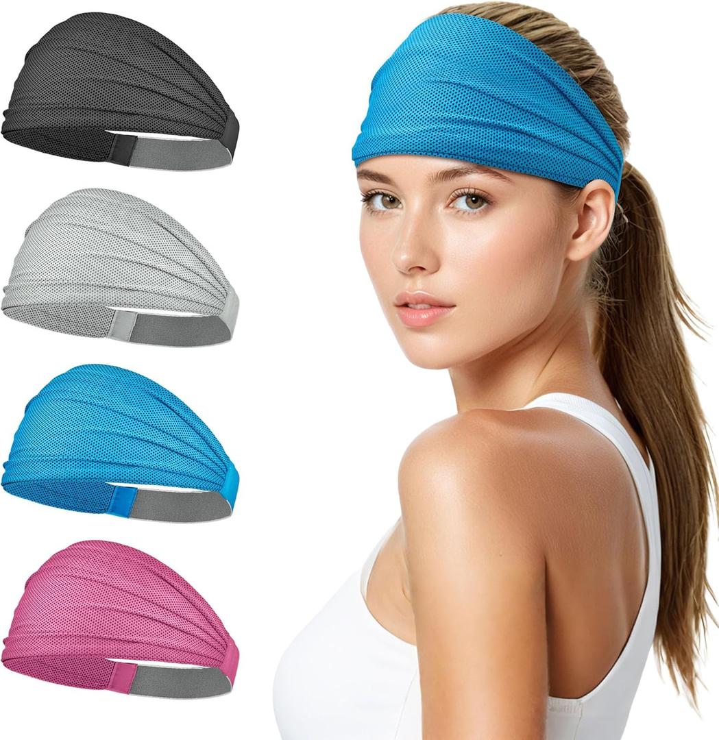 Sukeen Wide Headbands for Women, Instant Cooling Elastic Non-Slip Workout Headbands, Moisture-Wicking Sports Sweatbands for Gym, Yoga, Running, Fitness (Black/Gray/Blue/Rose Red)