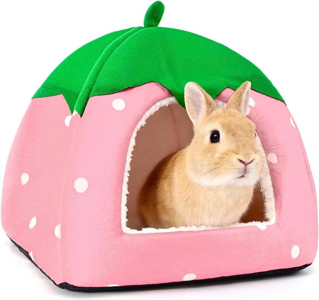 Rabbit Hideout, Washable Bunny Bed with Removable Pee Pad, Plush Indoor Rabbit House, Adorable Strawberry Design Small Animal Hideaway for Guinea Pig, Pink