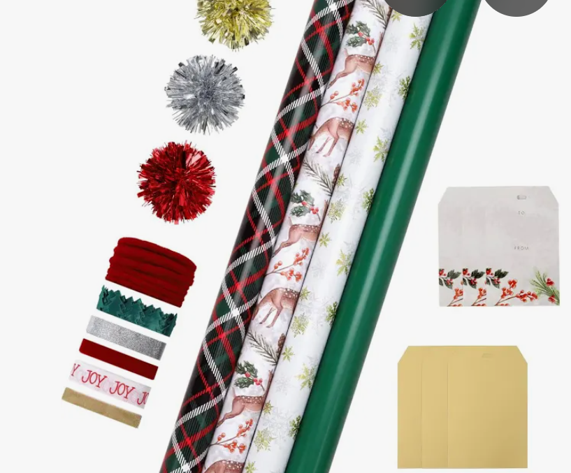 LaRibbons Christmas Wrapping Paper Sets, Classic Reindeer & Plaid Design With Ribbons & Gift Tags & Metallic Pom Pom, Perfect for Xmas, Holiday Party, 30Inch × 10Feet（ 4 Rolls: 100 Sq.Ft.Ttl）