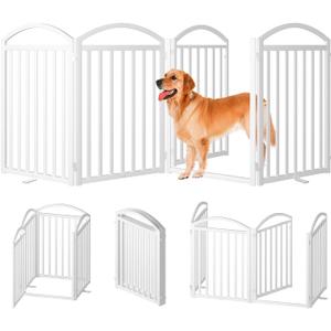 SNUOWU 4 Panles Full Matel Freestanding Dog Gates with Door, 96"Extra Wide 32"Tall Free Standing Dog Pet Gate for Indoor & Outdoor. Foldable Pet Fences for Doorways, House, Stairs, Porch, Deck, Yard 【4 Panels with Door】96"W*32H", White