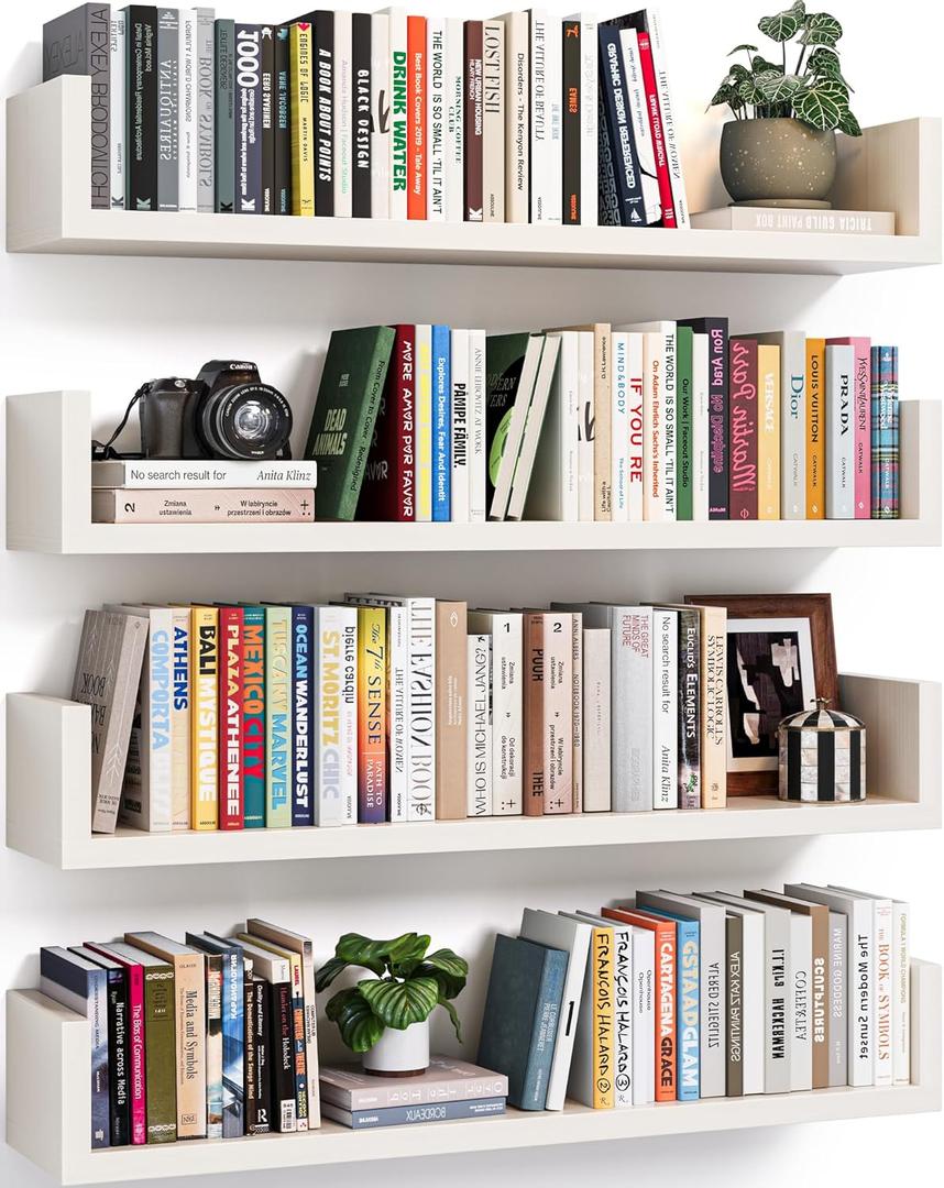 Floating Bookshelves for Wall - Wall Mounted Bookshelf Set of 4, U-Shaped Hanging Bookshelf for Bedroom, Living Room & Office, Wall Book Shelf for Home Decor & Storage (4, White, 23.63 Inches)