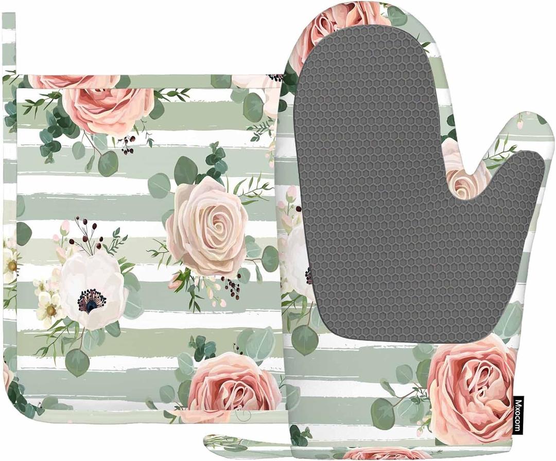 Mxocom Anemone Rose Flower Heat-Resistant Oven Mitts and Pot Holder Silver Eucalyptus Leaves Berry Stripped Kitchen Non-Slip Cooking Microwave Gloves for Cooking Baking Grilling