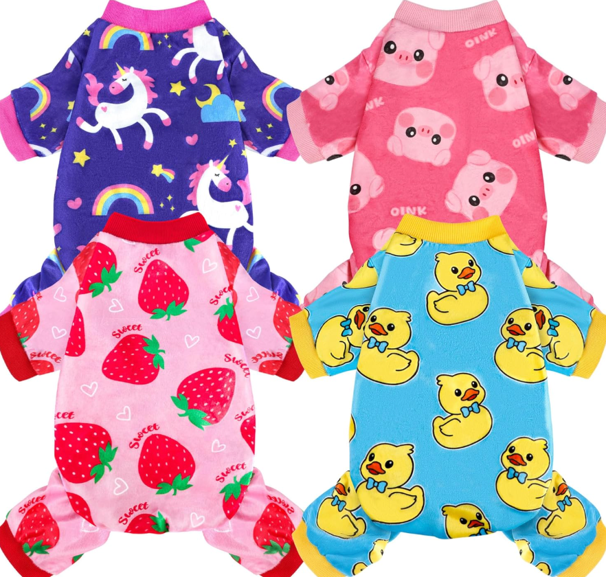 4 Pack Dog Pajamas Soft Lightweight Dog Recovery Suit Onesie Clothes for Small Medium Female Boys Girls Dogs Cats (M (Back: 12",Chest: 16", Neck:10.2"), Unicorn,Pig,Strawberry,Duck)