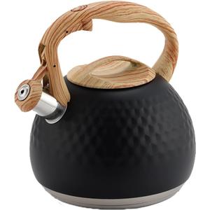 3L Whistling Tea Kettle, Food Grade Stainless Steel Teapot Kettles with Wood Pattern HandleTeakettle, Suitable for All Heat Sources(Black) 